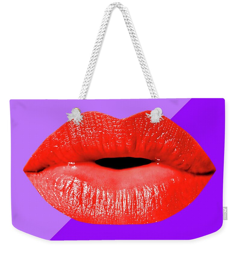Lips Weekender Tote Bag featuring the mixed media Colorful Lips Mask - Red by Chris Andruskiewicz