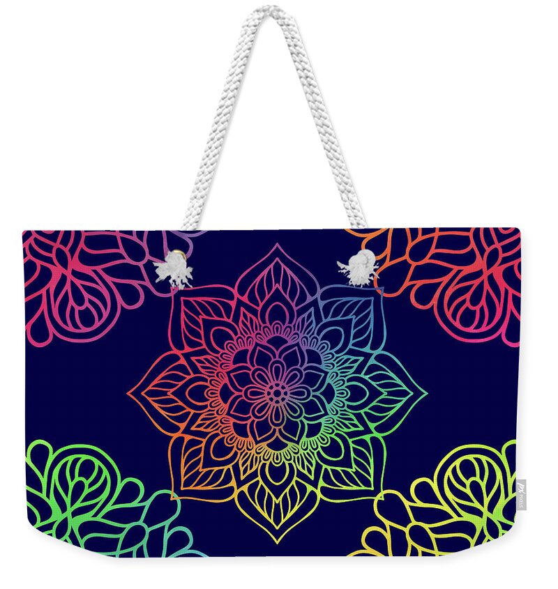 Mandala Weekender Tote Bag featuring the digital art Colorful Mandala Pattern In Blue Background by Sambel Pedes