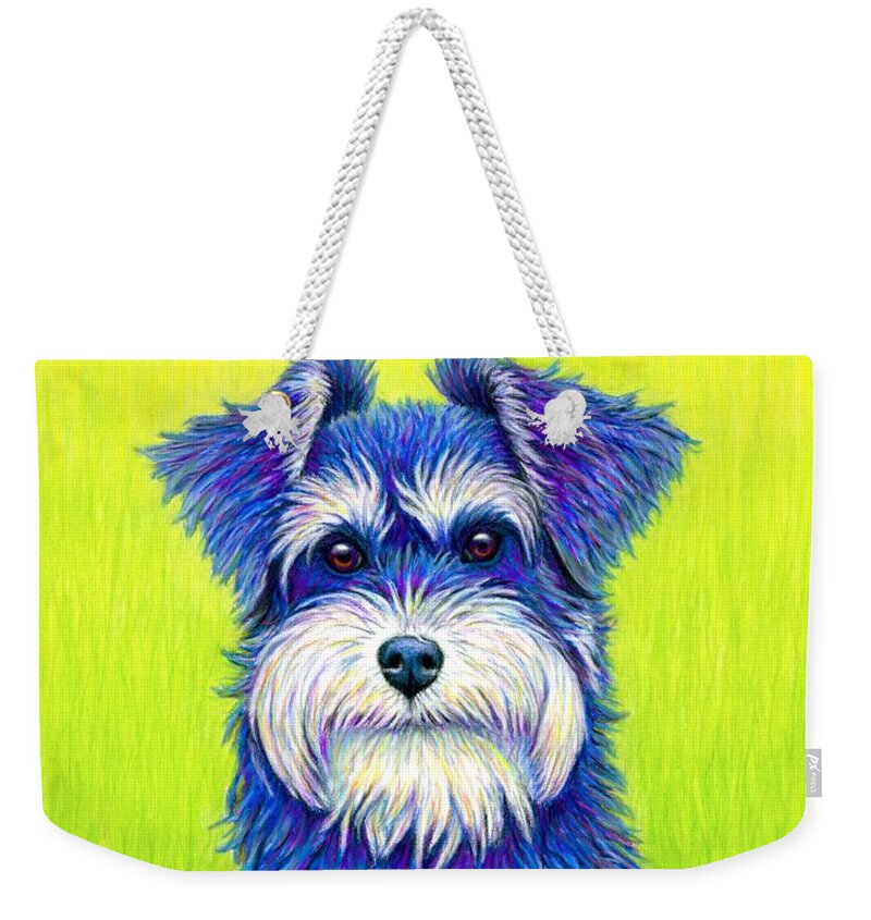 Miniature Schnauzer Weekender Tote Bag featuring the drawing Colorful Miniature Schnauzer Dog by Rebecca Wang