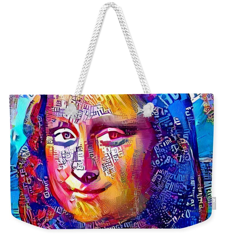 Mona Lisa Weekender Tote Bag featuring the digital art Colorful Mona Lisa portrait with blue, orange and magenta color scheme by Nicko Prints