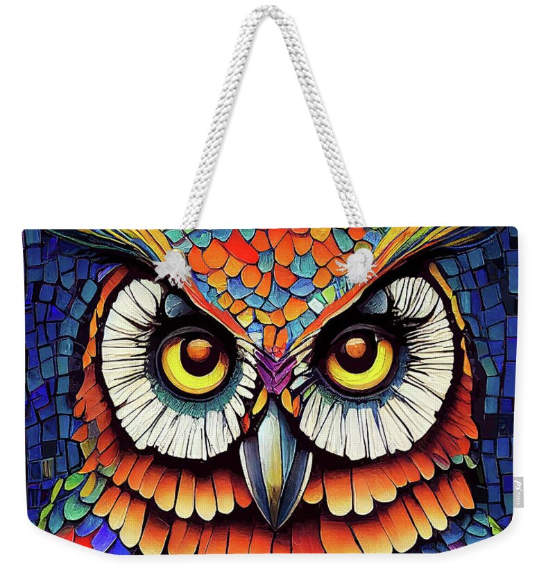 Owls Weekender Tote Bag featuring the digital art Colorful Mosaic Owl by Mark Tisdale