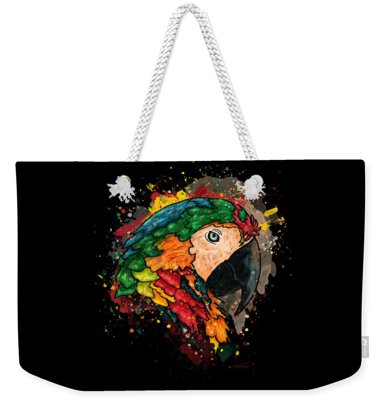 Parrot Weekender Tote Bag featuring the painting Colorful parrot head painting, Macaw parrot by Nadia CHEVREL