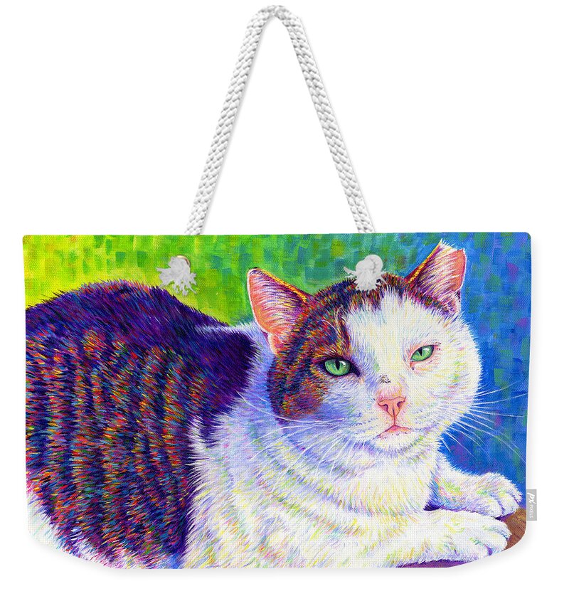 Cat Weekender Tote Bag featuring the painting Colorful Pet Portrait - MC the Cat by Rebecca Wang