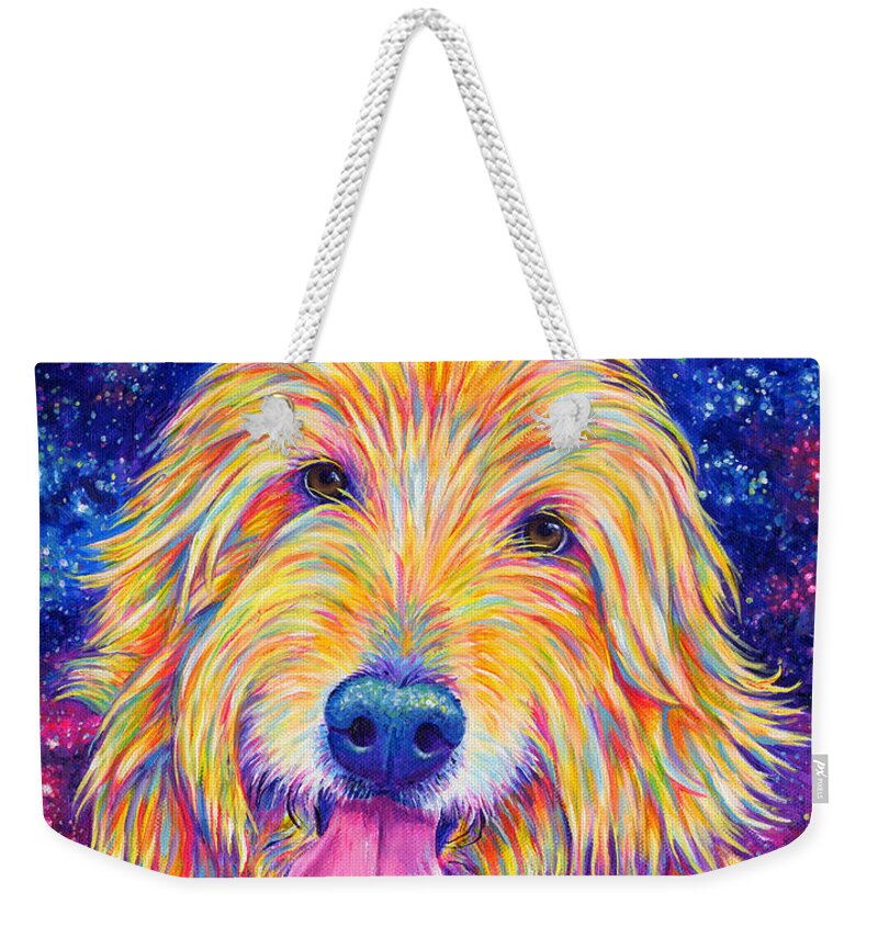 Goldendoodle Weekender Tote Bag featuring the painting Colorful Rainbow Goldendoodle by Rebecca Wang