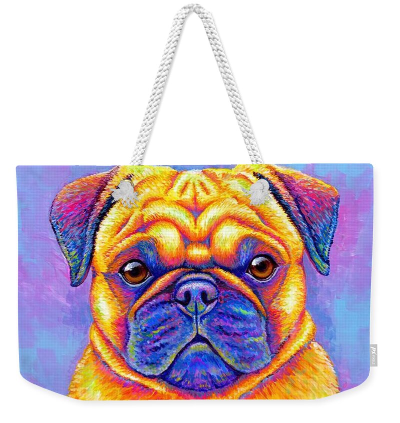 Pug Weekender Tote Bag featuring the painting Colorful Rainbow Pug Dog Portrait by Rebecca Wang