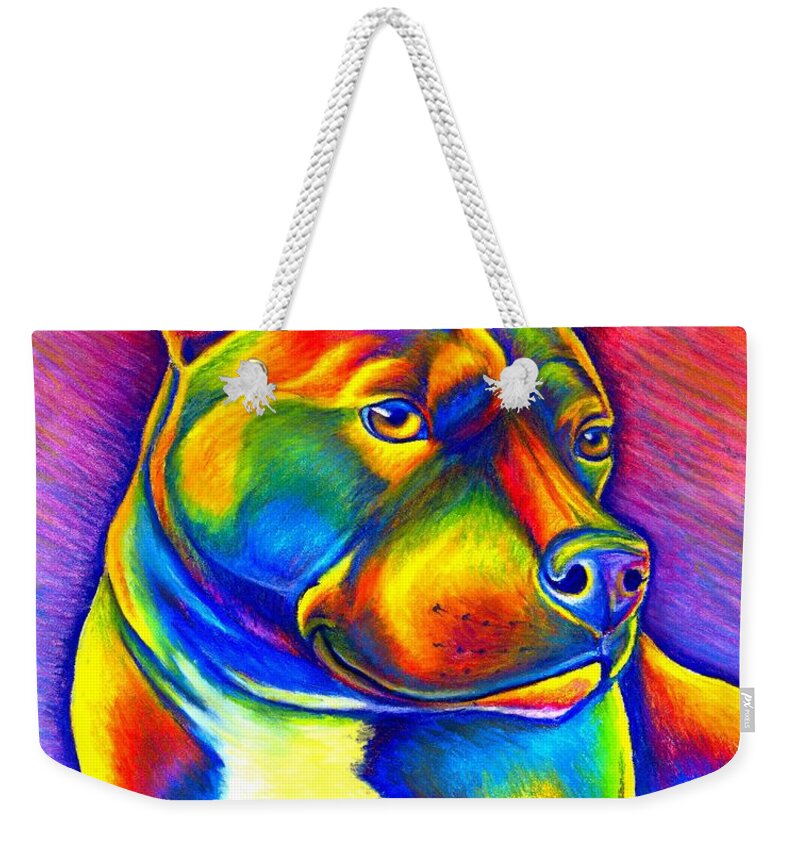 Staffordshire Bull Terrier Weekender Tote Bag featuring the painting Colorful Rainbow Staffordshire Bull Terrier Dog by Rebecca Wang