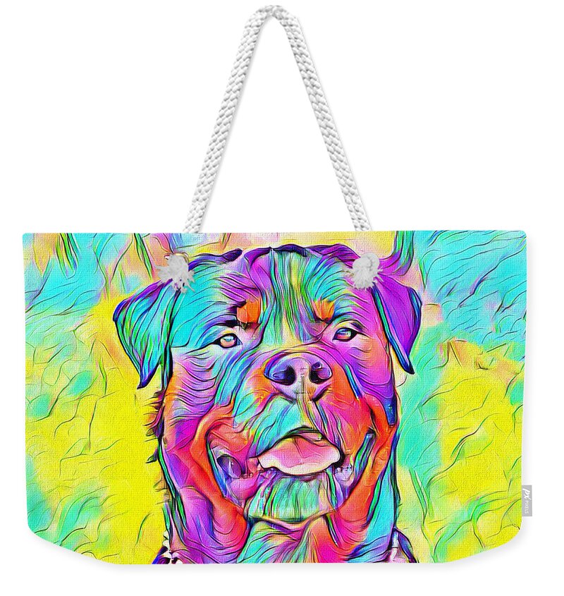 Rottweiler Dog Weekender Tote Bag featuring the digital art Colorful Rottweiler dog portrait - digital painting by Nicko Prints