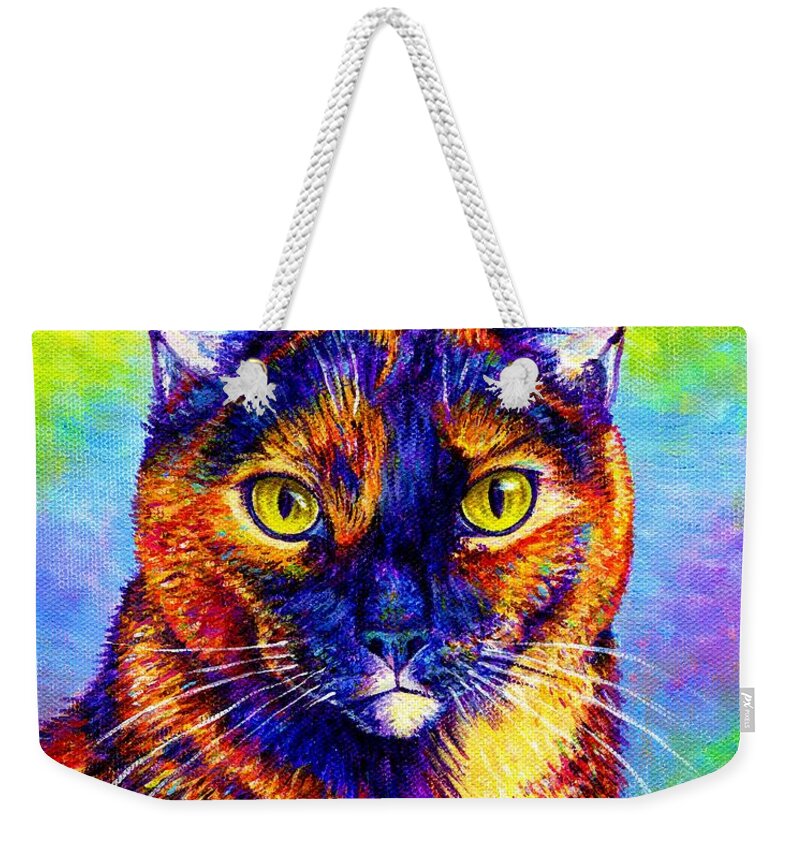 Cat Weekender Tote Bag featuring the painting Colorful Tortoiseshell Cat by Rebecca Wang