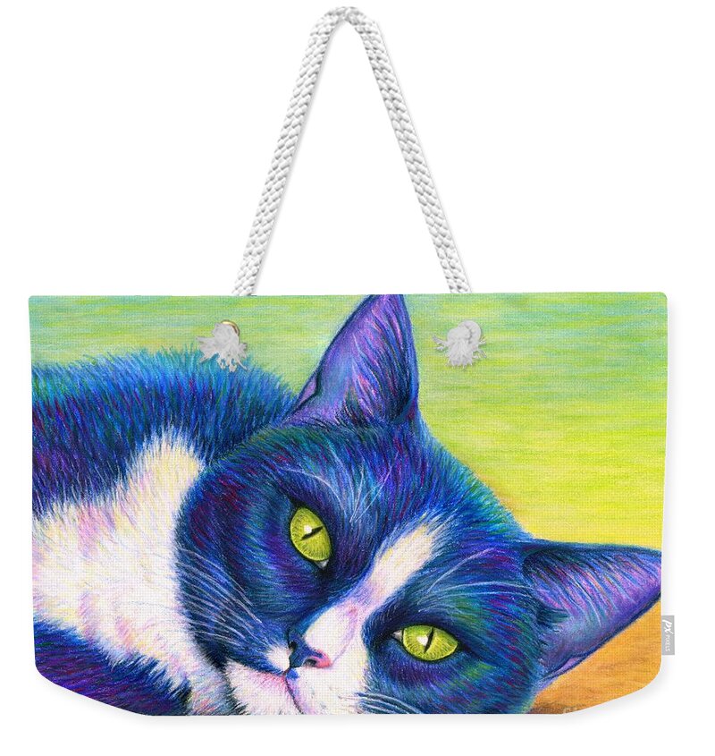 Cat Weekender Tote Bag featuring the drawing Colorful Tuxedo Cat by Rebecca Wang