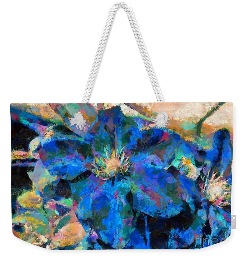 Clematis Weekender Tote Bag featuring the digital art Colourful clematis by Fran Woods