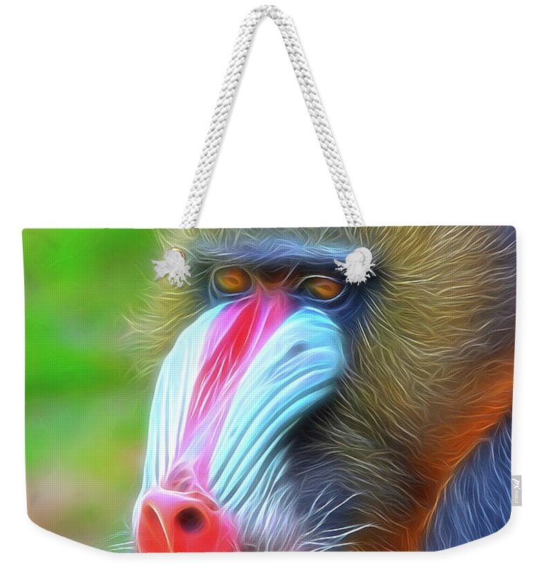 Mandrill Weekender Tote Bag featuring the photograph Colourful Mandrill portrait in Digital art style by Gareth Parkes