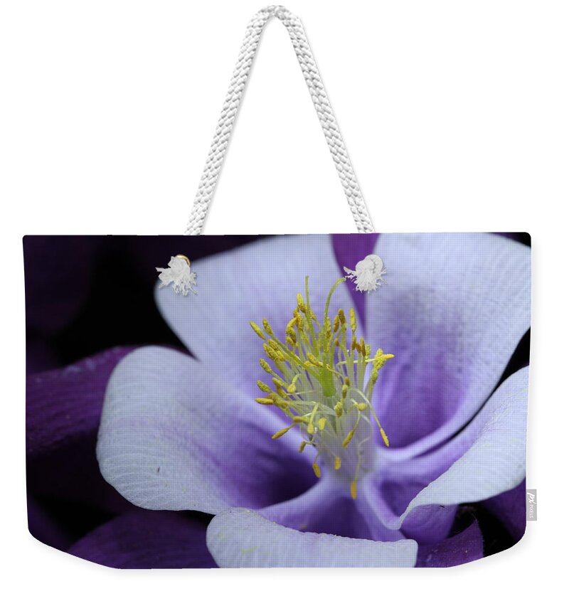Macro Weekender Tote Bag featuring the photograph Columbine 764 by Julie Powell
