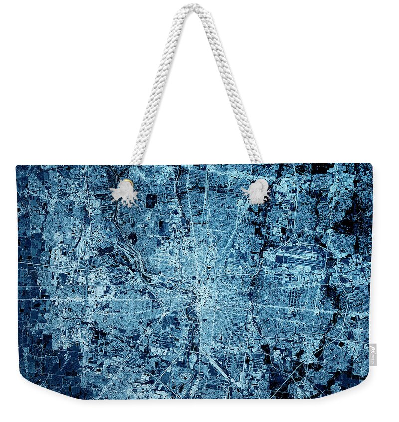 Columbus Weekender Tote Bag featuring the digital art Columbus Ohio 3D Render Map Blue Top View Sept 2019 by Frank Ramspott