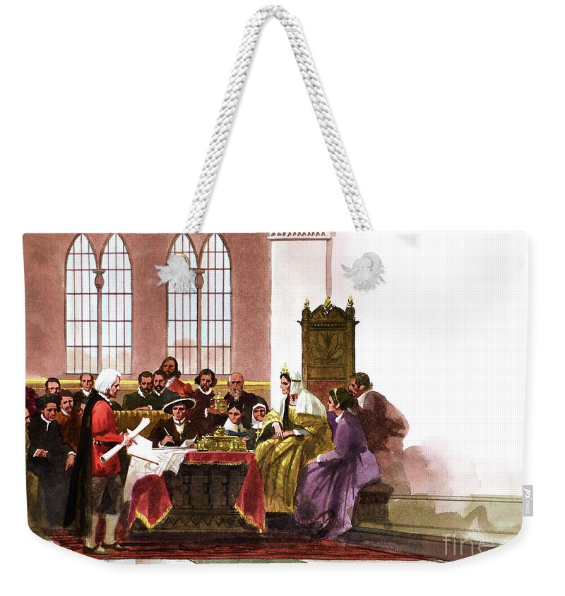 Tom Mcneely Weekender Tote Bag featuring the painting Columbus - Seeking Queen Isabella's Support by Tom McNeely