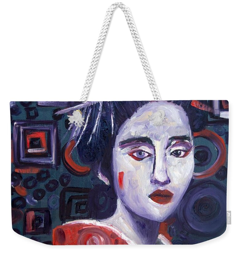 Geisha Weekender Tote Bag featuring the painting Concentric Geisha 1 by Chiara Magni
