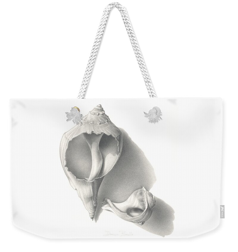 Derwent Weekender Tote Bag featuring the drawing Conch Shells by Donna Basile