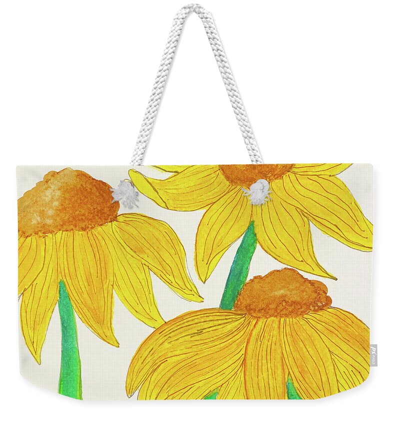 Coneflower Weekender Tote Bag featuring the mixed media Coneflowers Trio by Lisa Neuman