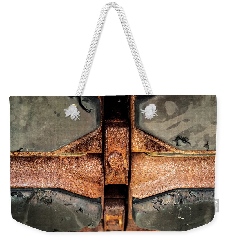 Abstract Weekender Tote Bag featuring the photograph Conflict Rusting by Christi Kraft