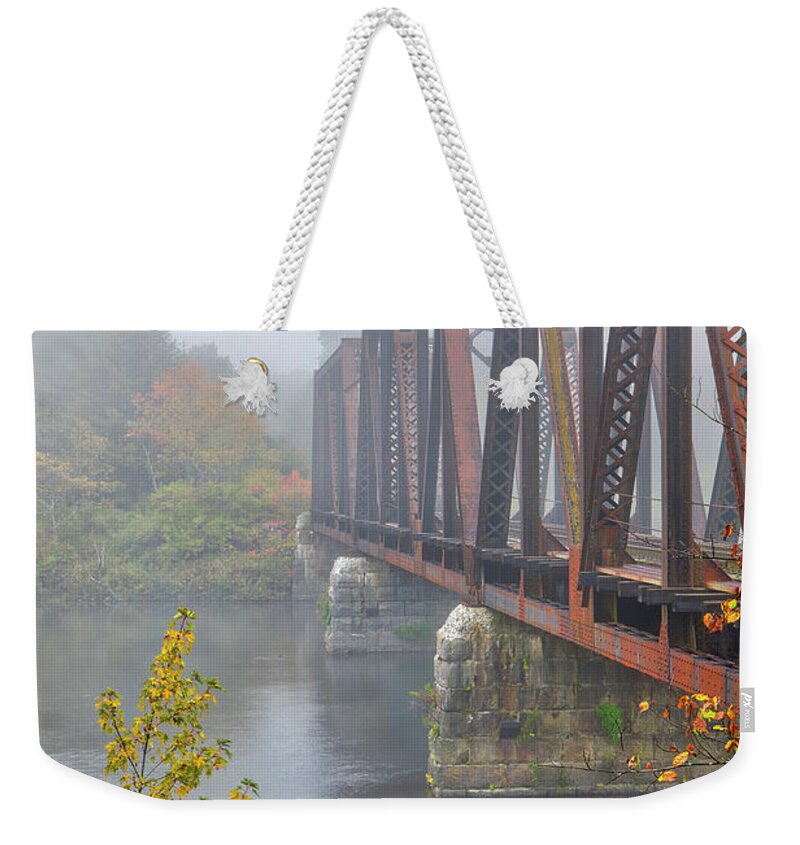 Railroad Bridge Weekender Tote Bag featuring the photograph Connecticut River Railroad Bridge and Fall Foliage by Juergen Roth