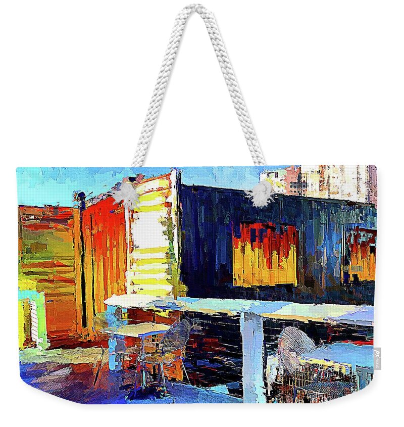 Container Park Weekender Tote Bag featuring the digital art Container display at Las Vegas Container Park by Tatiana Travelways