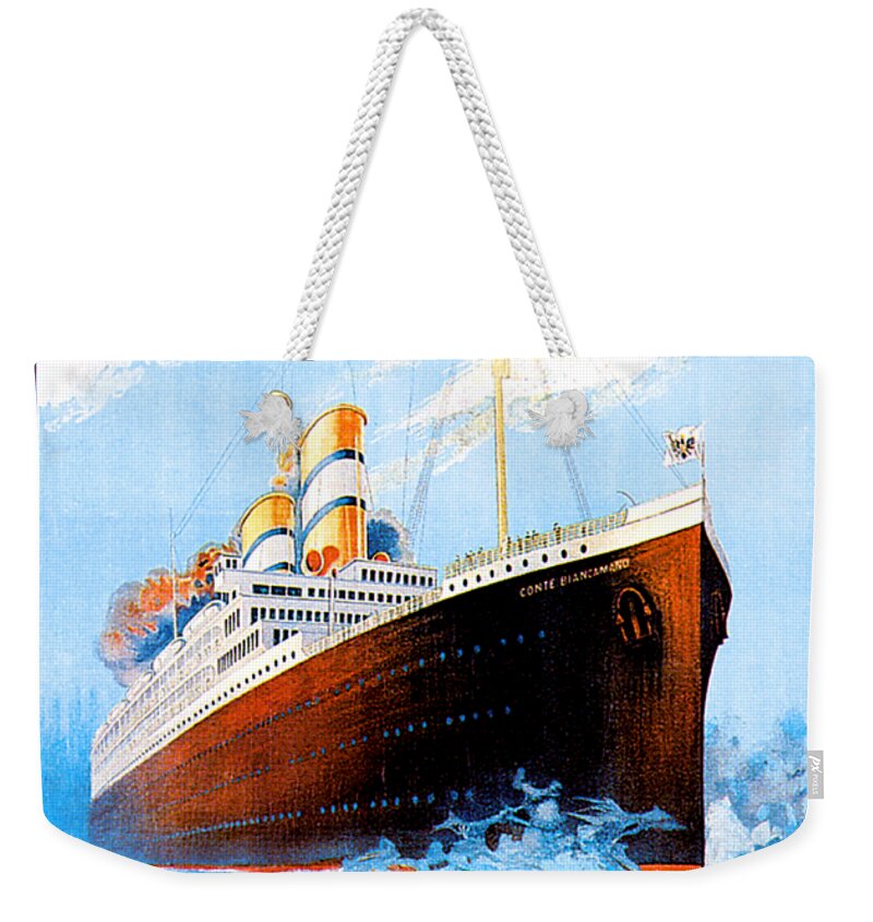 Conte Biancamano Weekender Tote Bag featuring the painting Conte Biancamano Conte Rosso Conte Verde Cruise Ships Poster 1925 by Unknown