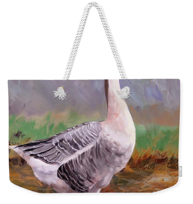 Goose Weekender Tote Bag featuring the painting Contemplative Goose by Jordan Henderson