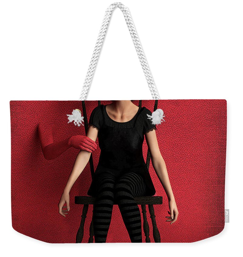 Red Surreal Chair Girl Arms Control Dark Weekender Tote Bag featuring the digital art Control #2 by Alisa Williams