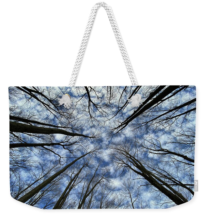 Forest Weekender Tote Bag featuring the photograph Convergence of the Elders - 2 of 3 - Straight up view in forest with altocumulus clouds by Peter Herman