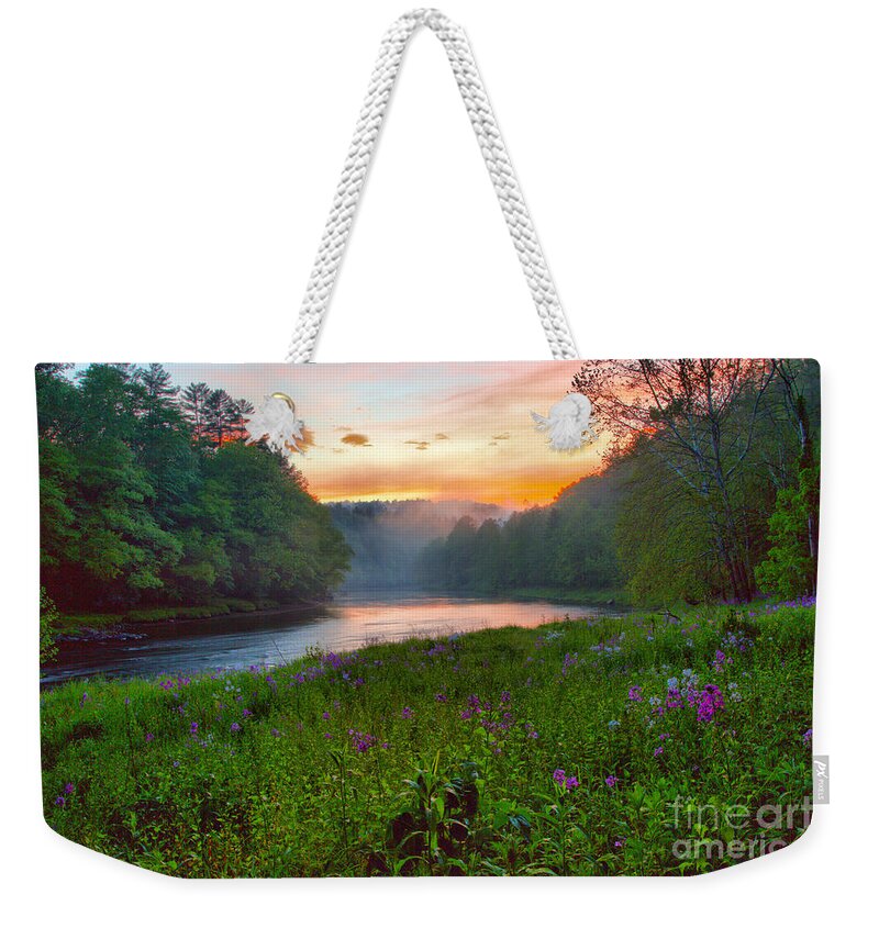 Clarion Weekender Tote Bag featuring the photograph Cook Forest Fiery Skies Over Wildflowers by Adam Jewell