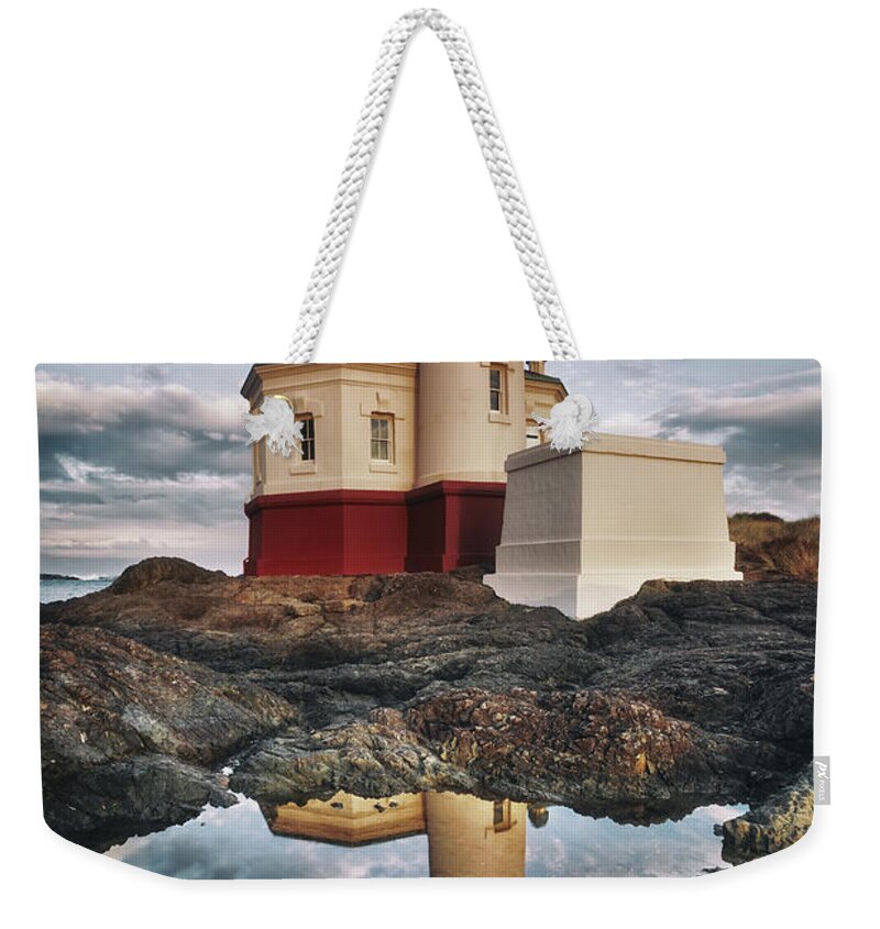 Coquille Lighthouse Weekender Tote Bag featuring the photograph Coquille Lighthouse Moody Morning by Darren White