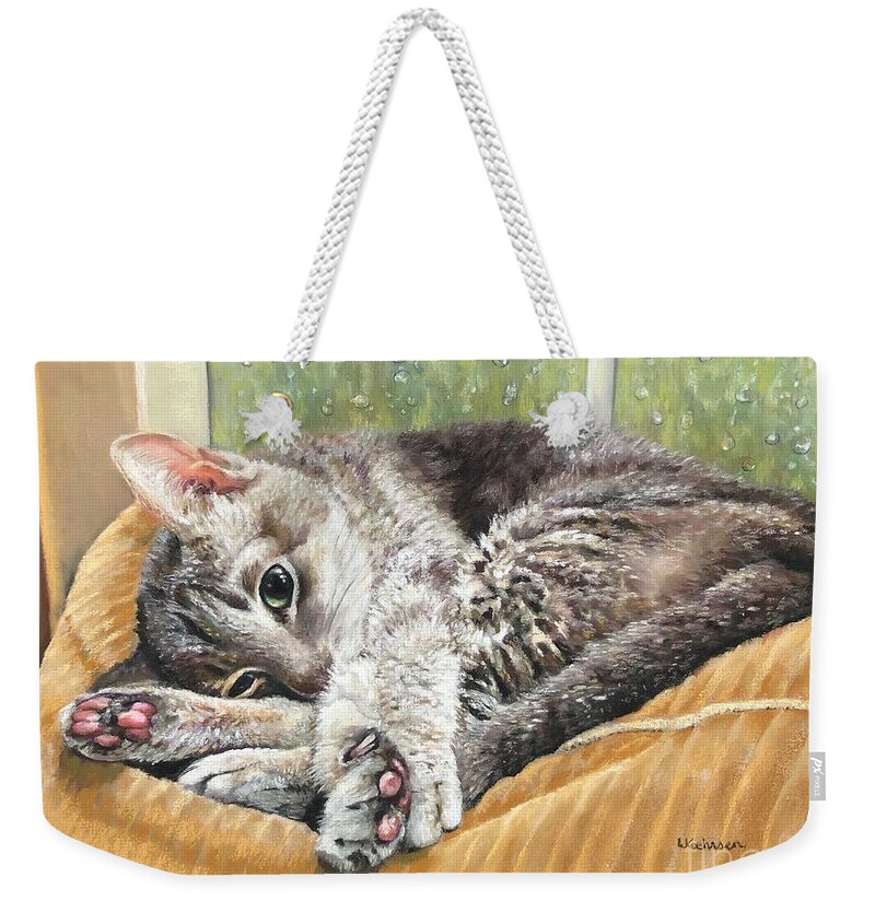 Cat Weekender Tote Bag featuring the pastel Corduroy Cat by Wendy Koehrsen