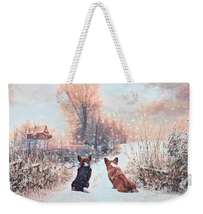 Corgi Weekender Tote Bag featuring the mixed media Corgis First Snow by Kathy Kelly