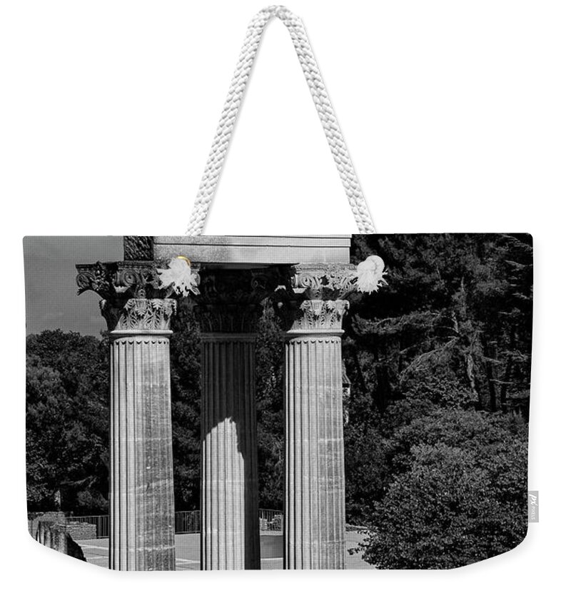 Saint Remy Weekender Tote Bag featuring the photograph Corinthian Temple Columns at Glanum Roman Ruins Two 2 by Bob Phillips