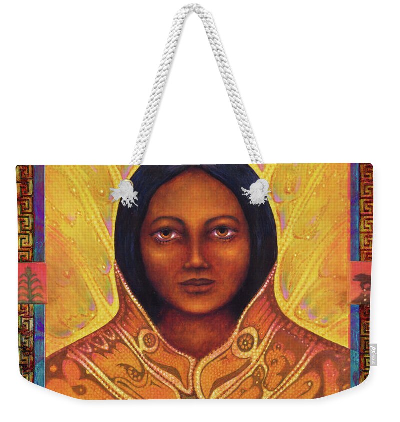 Native American Weekender Tote Bag featuring the painting Corn Woman by Kevin Chasing Wolf Hutchins