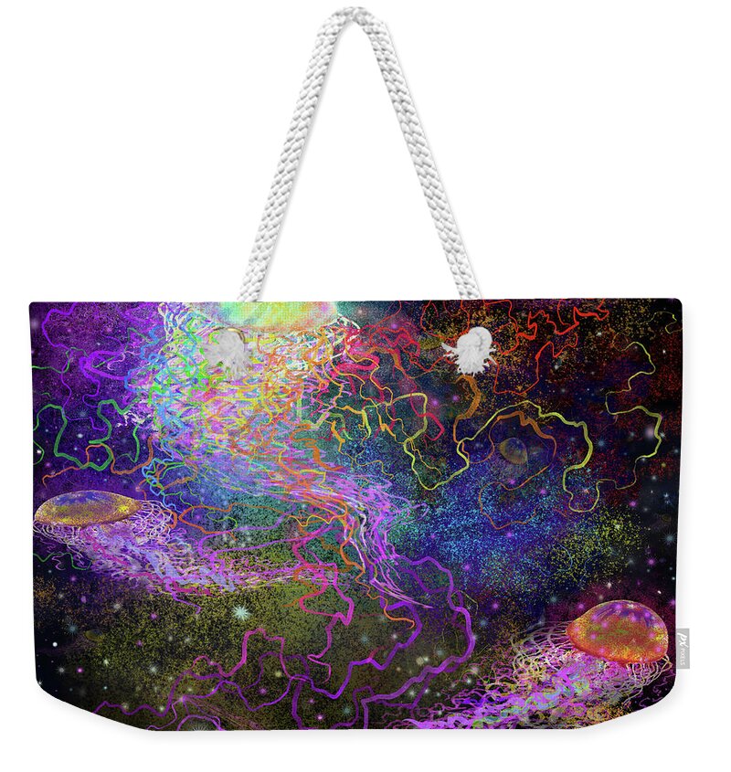 Cosmic Weekender Tote Bag featuring the digital art Cosmic Celebration by Kevin Middleton