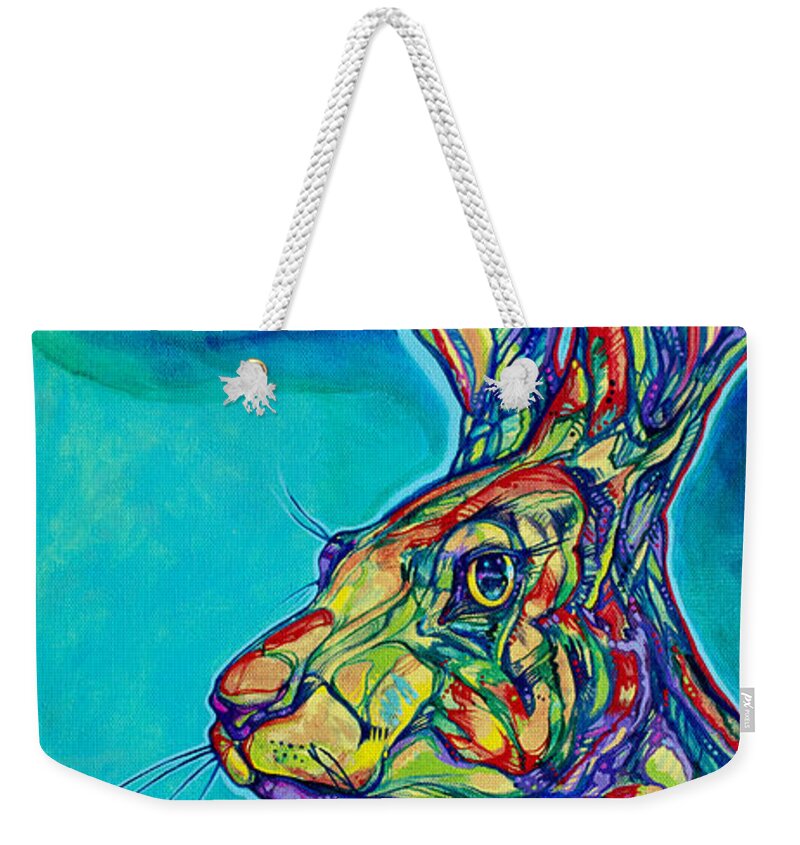 Jack Rabbit Weekender Tote Bag featuring the painting Cosmic Rabbit by Derrick Higgins