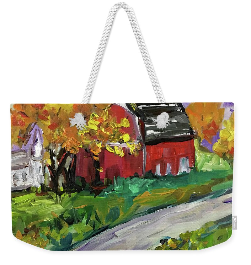 Barn Weekender Tote Bag featuring the painting Country Barn in Autumn by Roxy Rich