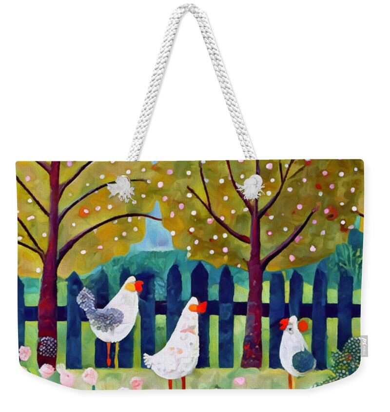 Hens Weekender Tote Bag featuring the mixed media Country Cottage and Hens 2 by Ann Leech