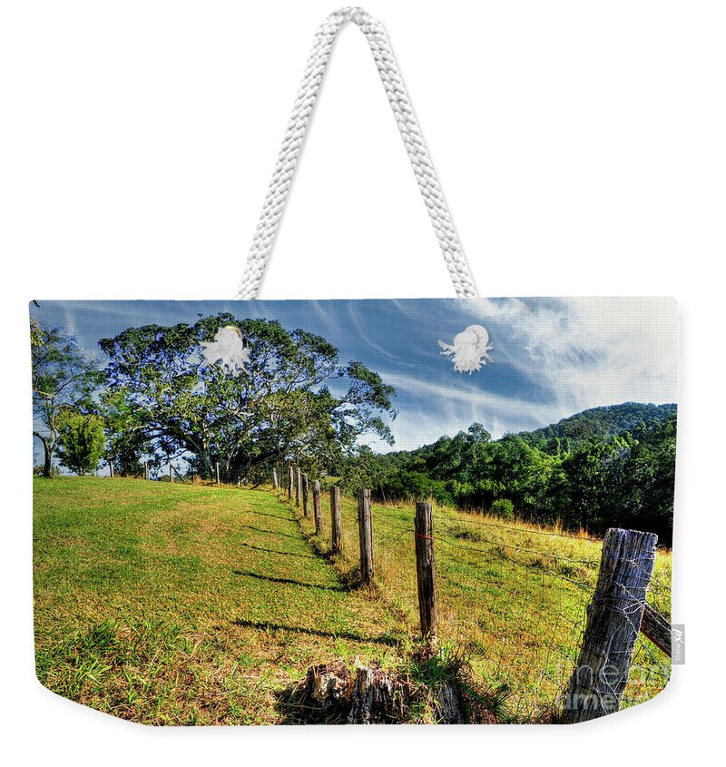 Country Fence Weekender Tote Bag featuring the photograph Country Fence and Old Fig Tree by Kaye Menner by Kaye Menner
