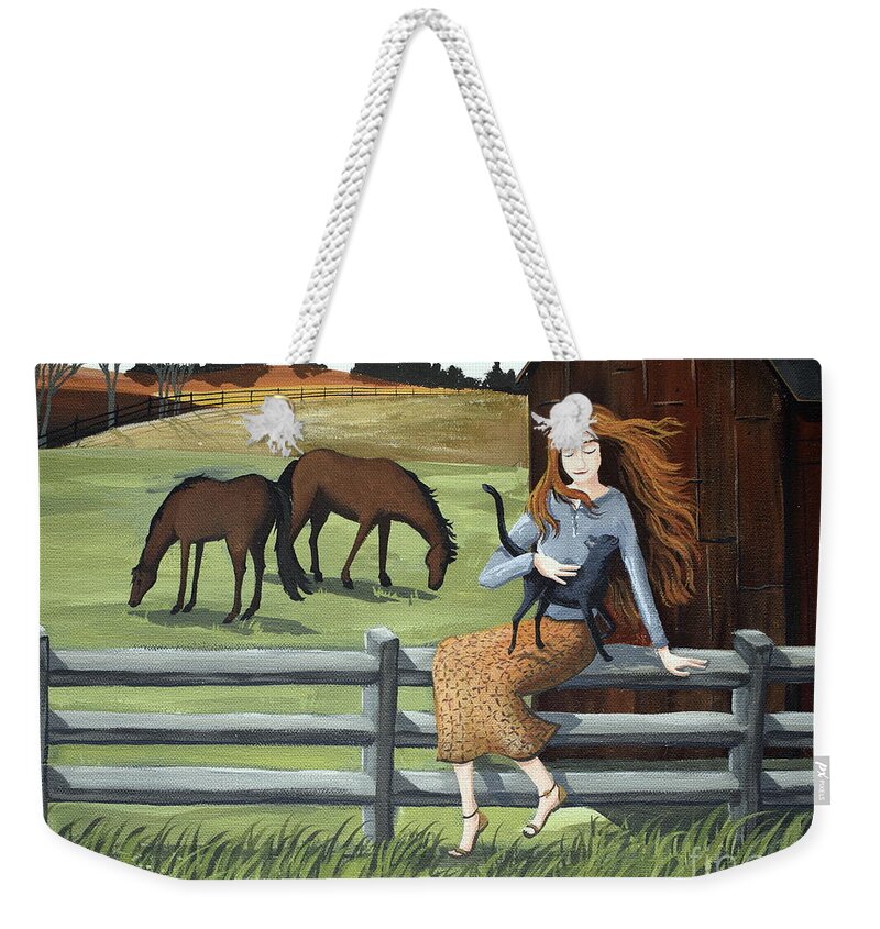 Country Weekender Tote Bag featuring the painting Country Girl farm horse cat by Debbie Criswell