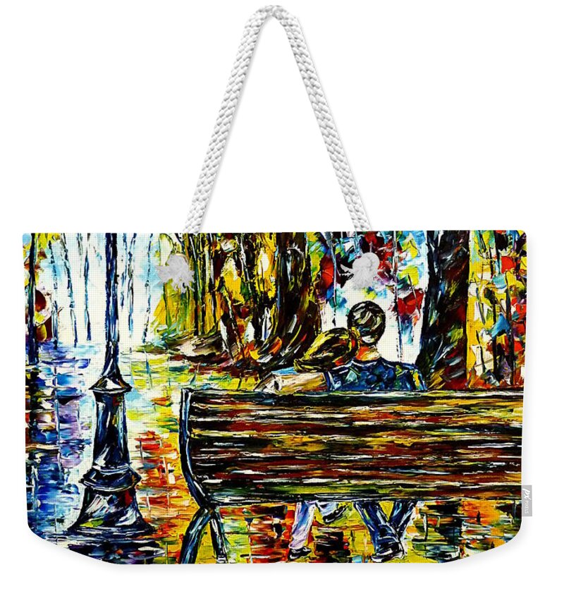 Lovers On A Bench Weekender Tote Bag featuring the painting Couple On A Bench by Mirek Kuzniar