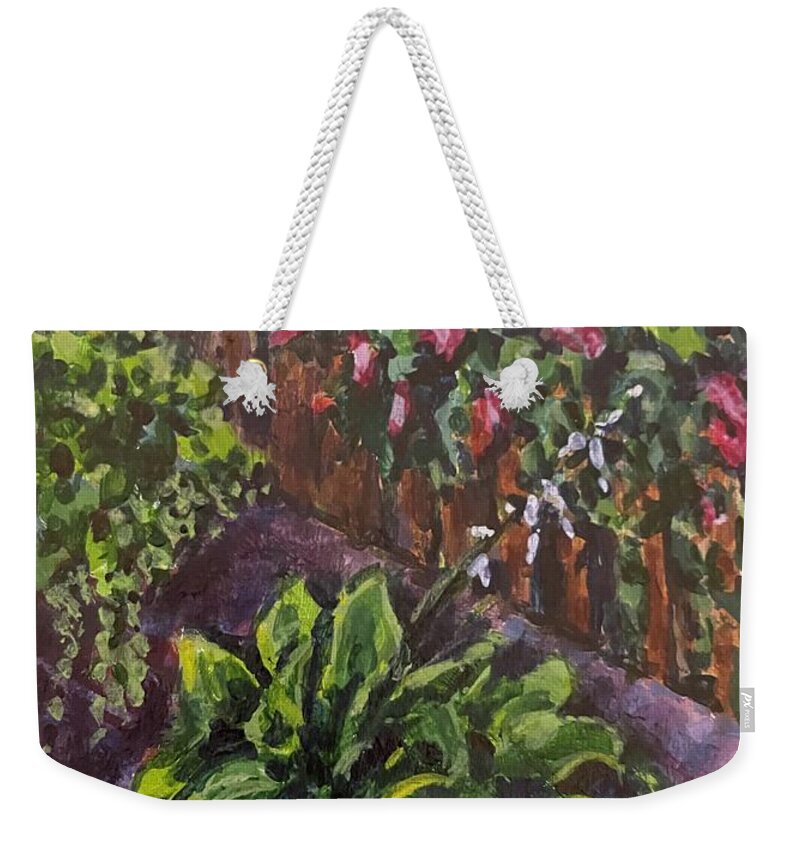 Landscape Weekender Tote Bag featuring the painting Courtyard Flowers by Les Herman