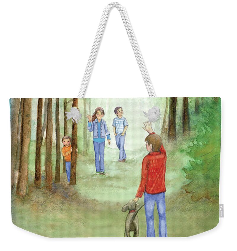 Horseshoe Hideout Weekender Tote Bag featuring the mixed media Cover for middle-grade novel The Children of Horseshoe Hideout in Family Trees by Rebecca Matthews