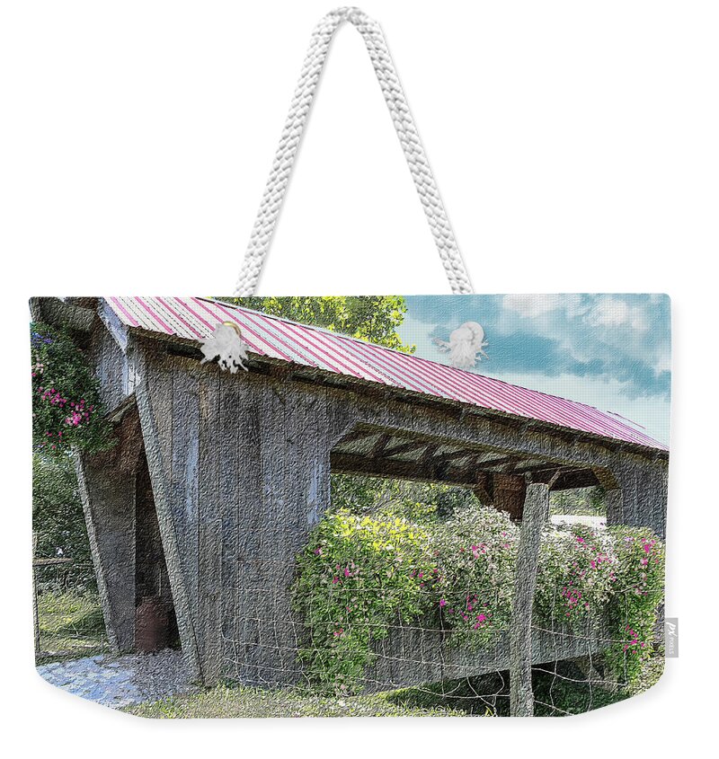 Bridge Weekender Tote Bag featuring the photograph Covered bridge with flowers by Bentley Davis