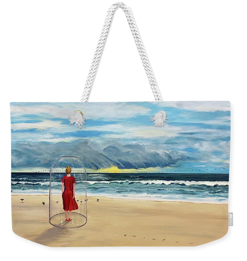 Girl In A Bell Jar Weekender Tote Bag featuring the painting Covid Beach by Thomas Blood