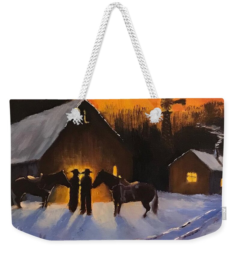 Cowboys Weekender Tote Bag featuring the painting Cowboys Evening by Shawn Smith