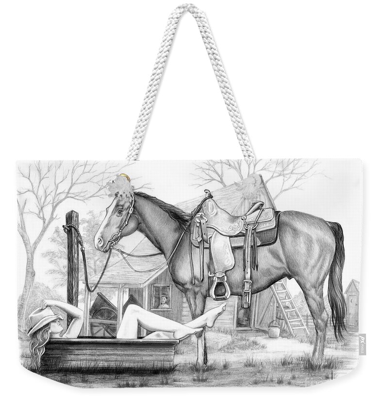 Drawing Weekender Tote Bag featuring the drawing Cowgirl Bathing drawing by Murphy Art Elliott