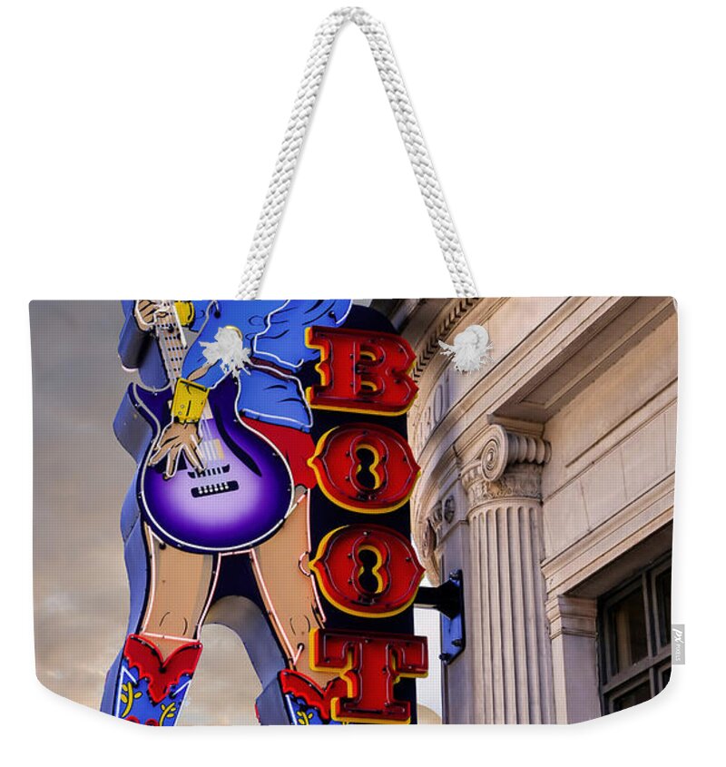 Neon Weekender Tote Bag featuring the photograph Cowgirl neon sign Nashville TN by Chris Smith