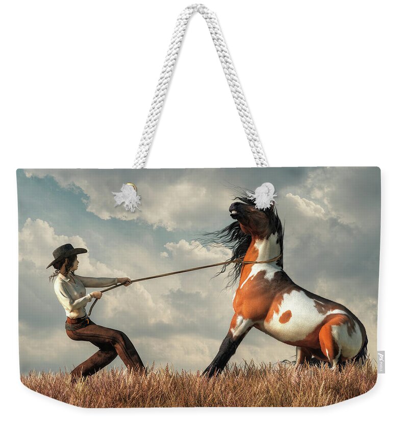 Cowgirl Taming A Horse Weekender Tote Bag featuring the digital art Cowgirl Taming a Horse by Daniel Eskridge