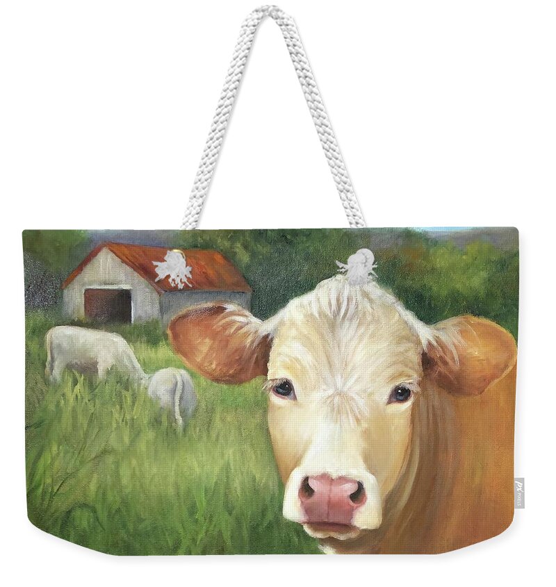 Cows Weekender Tote Bag featuring the painting Cows Gazing and Grazing in Arkansas Paddock by Cheri Wollenberg by Cheri Wollenberg